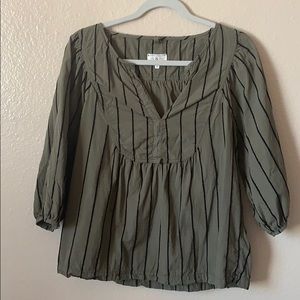 Lou & Grey Green Stripped Split Neck Blouse